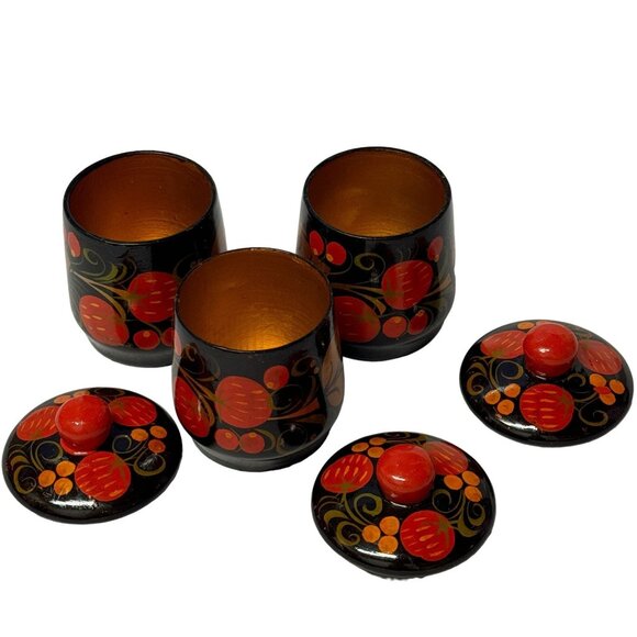 Russian Khokhloma Hand Painted Folk Art VTG 3Pc Lidded Spice Trinket Containers - Picture 5 of 13